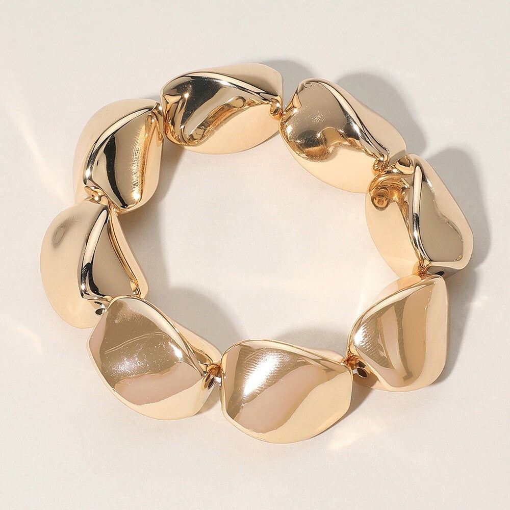 Gold Stretch Bracelet for Women Metal Pebble Texture Statement Bangle