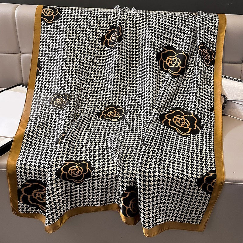Vintage Black White Houndstooth Gold Floral Print Silk Scarf Square Neckerchief