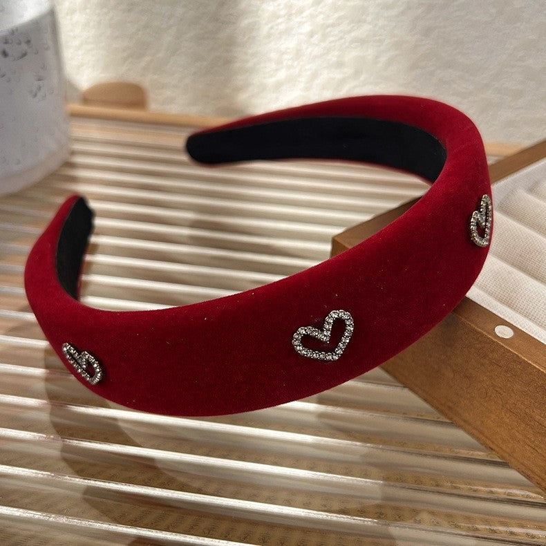 2pcs Red Black Heart Padded Headband Set Velvet Rhinestone Hair Accessory Women