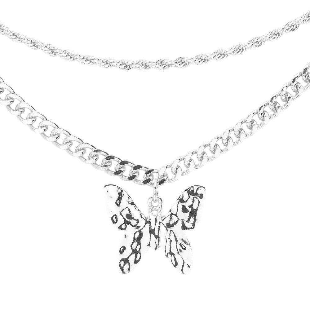 Silver Layered Butterfly Pendant Necklace Curb Chain Women's Fashion Jewelry
