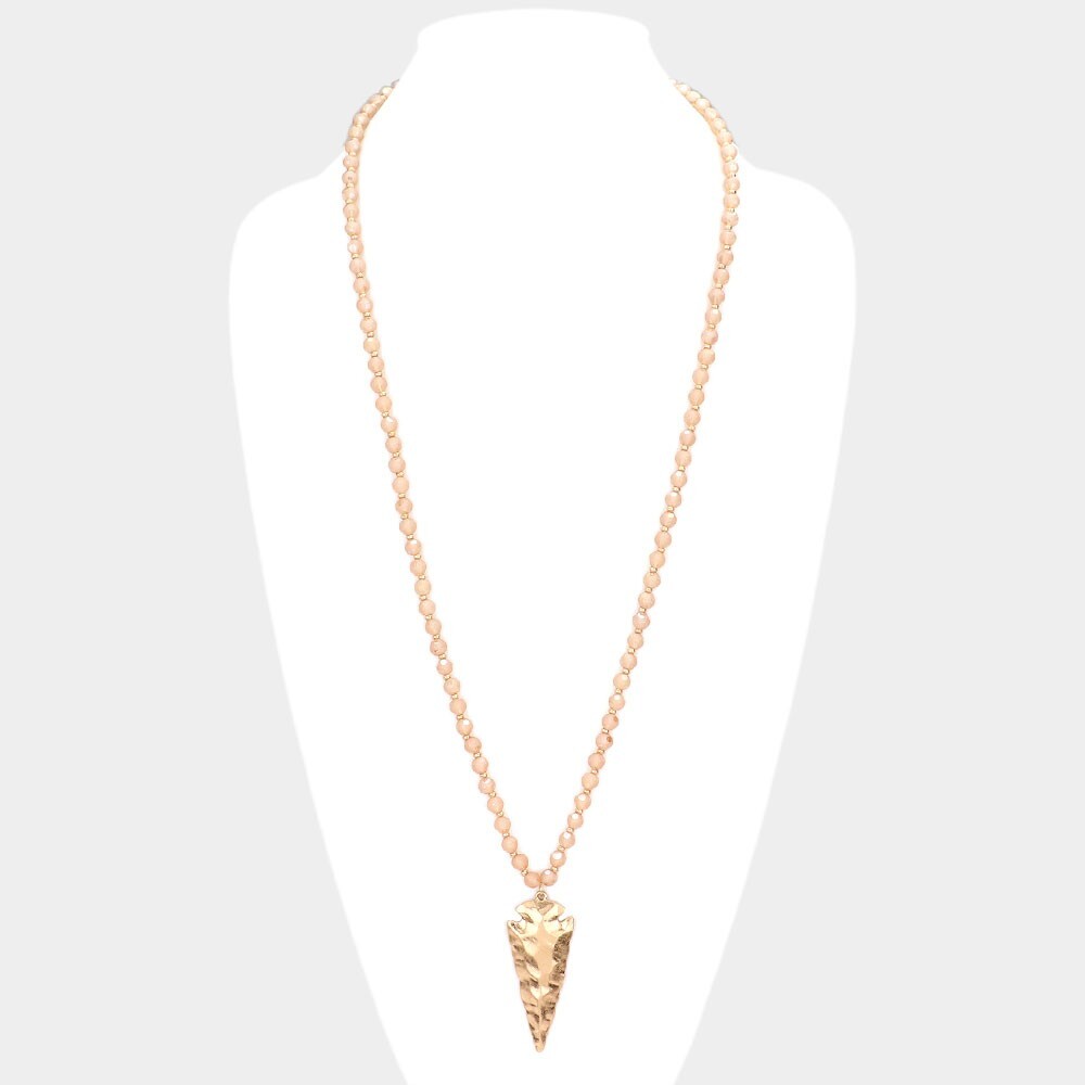 Hammered Metal Arrow Pendant Long Necklace with Faceted Beads Boho Style