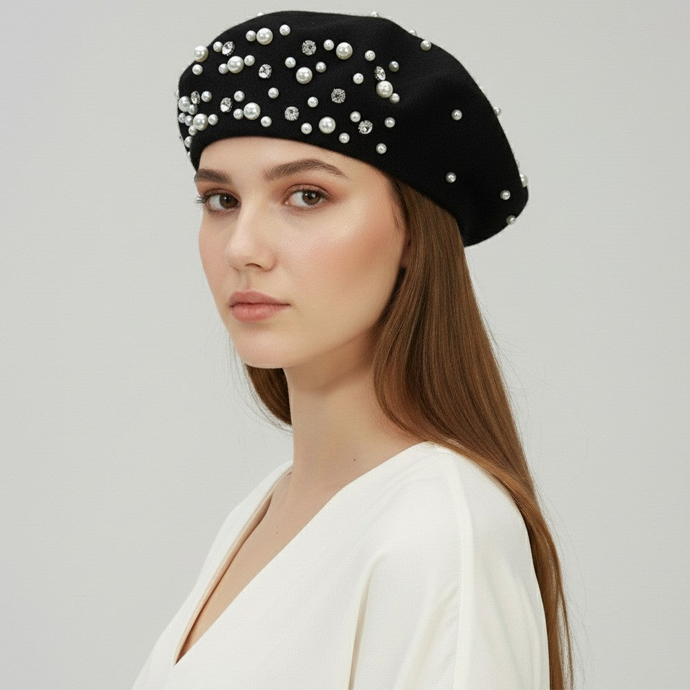 Chic Black Wool Acrylic Beret Faux Pearl Rhinestone French Artist Hat One Size