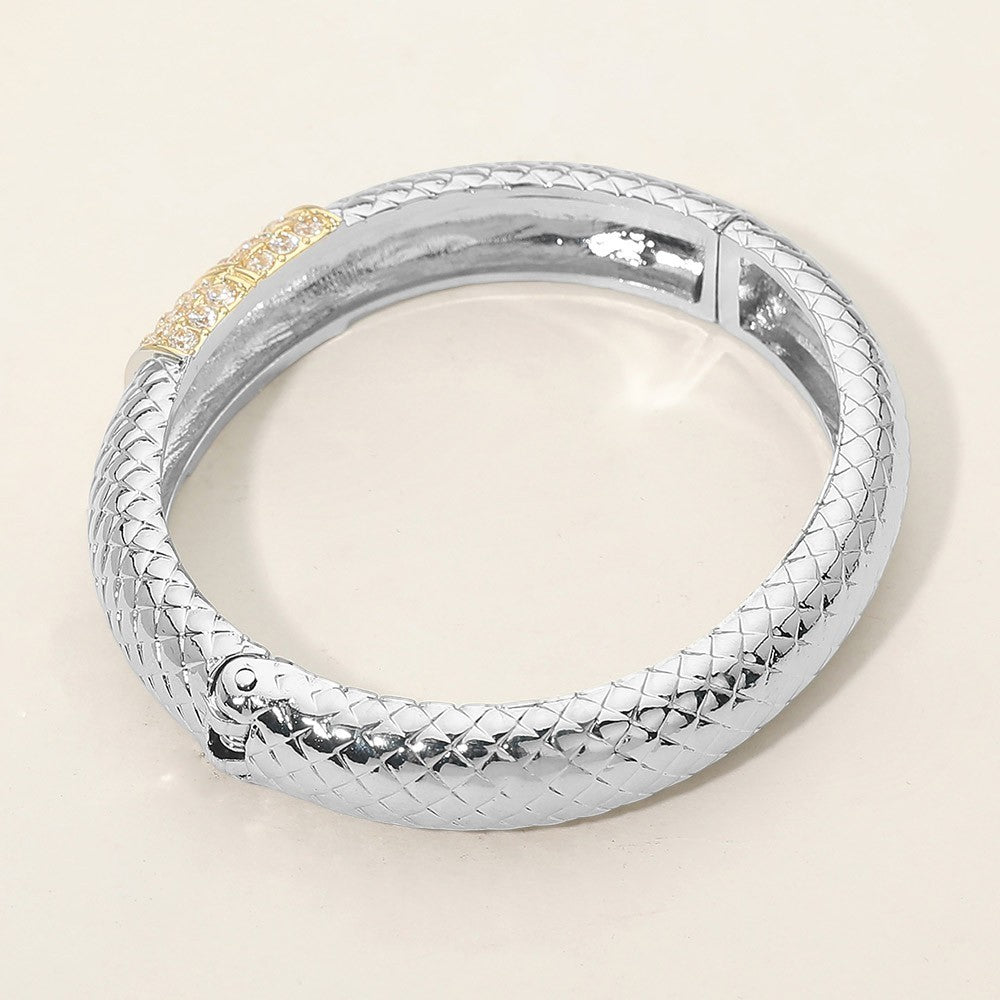 Two Tone 14K Gold Plated CZ Pave Accent Textured Bangle Bracelet Hinged Clasp