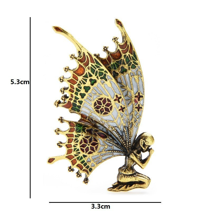 Gothic Angel Wing Brooch Fairy Pin Kneeling Praying Figure Enamel Jewelry Gift