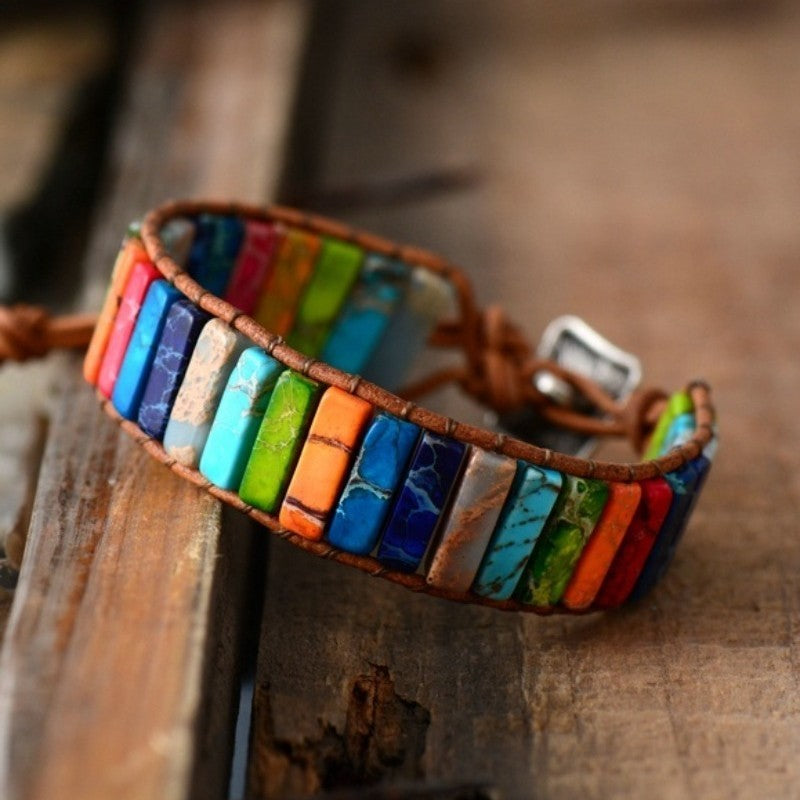 Colorful Jasper Stone Woven Bracelet | Bohemian Leather Cuff with Charm