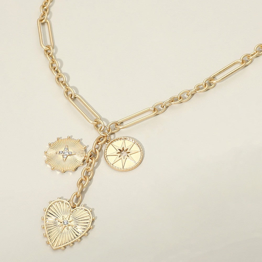 Gold Celestial Heart Sun Star Charm Paperclip Chain Necklace Fashion Jewelry