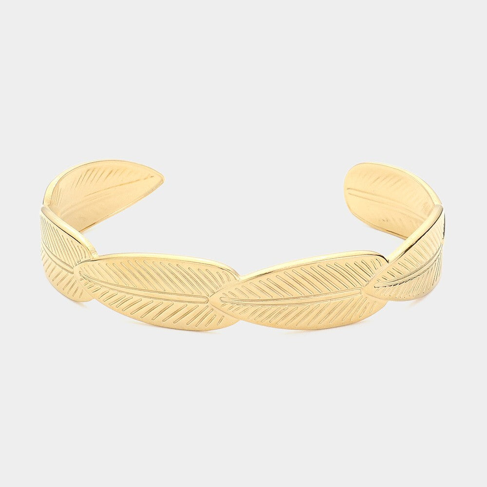 Gold Tone Stainless Steel Leaf Cuff Bracelet for Women Nature Inspired Jewelry