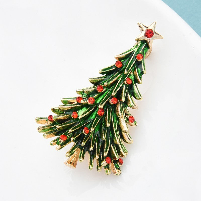 Gold Tone Christmas Tree Pin Brooch with Red Rhinestones Green Holiday Brooches