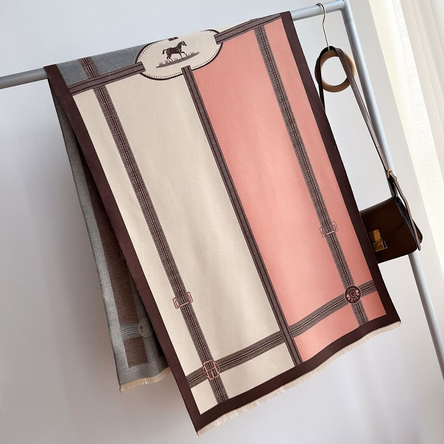 Equestrian Horse Print Scarf Shawl Wrap Tan Peach Grey Oversized Fringed