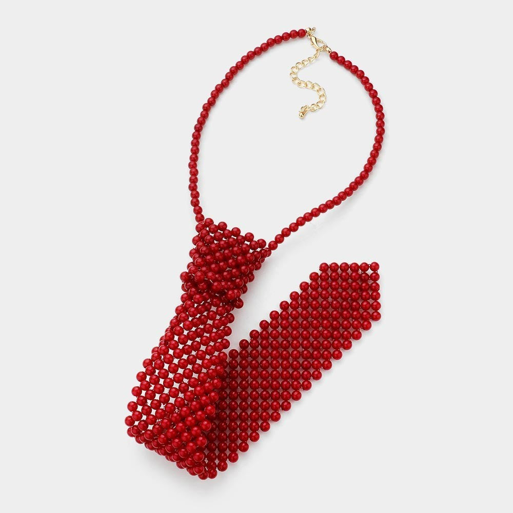 2pcs Red & Black Beaded Tie Necklace Set Statement Fashion Accessory