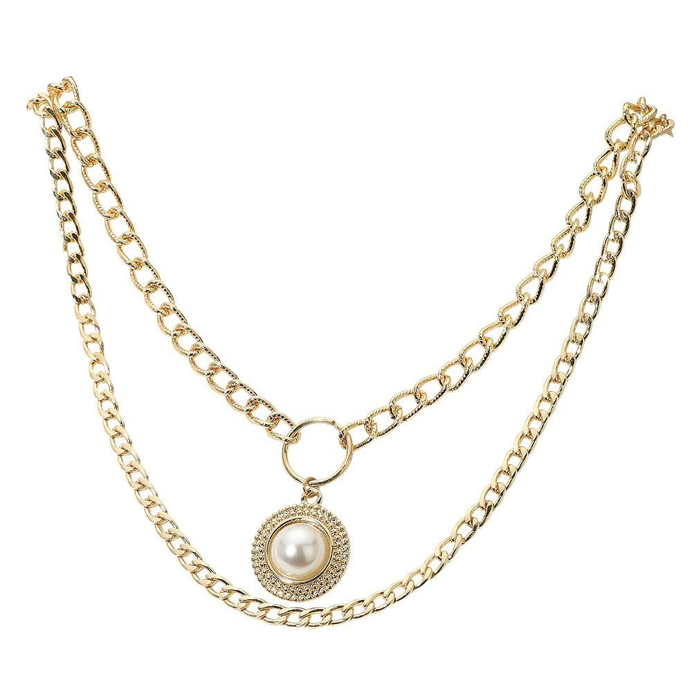 Gold Layered Chain Necklace Faux Pearl Pendant Cubic Zirconia Stack Jewelry