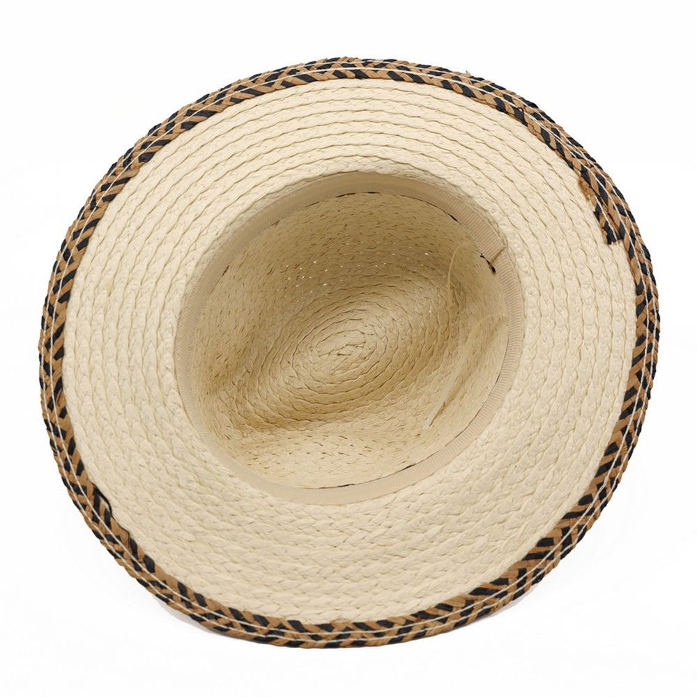 Summer Straw Fedora Sun Hat with Patterned Band and Braided Brim Accents