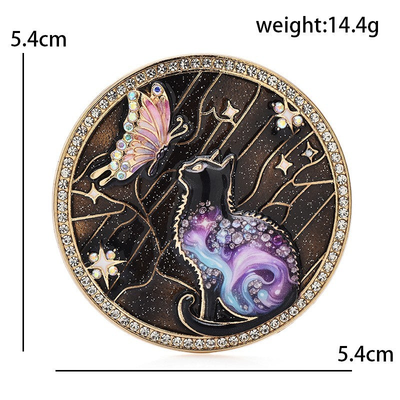2pcs Cat Butterfly Enamel Brooch Pin Rhinestone Celestial Star Round Badge Set