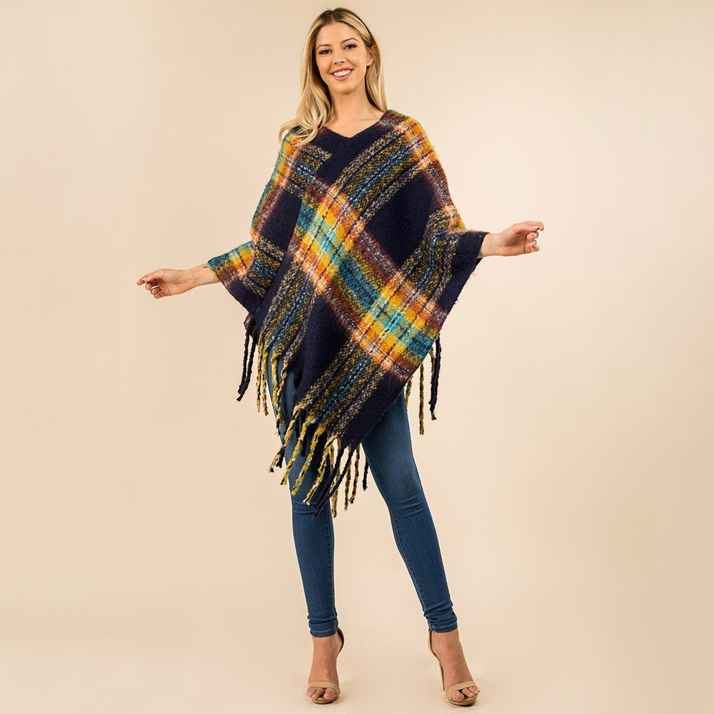 Plaid Fringe Hem Poncho for Women Warm Winter Wrap Shawl Capes for Ladies