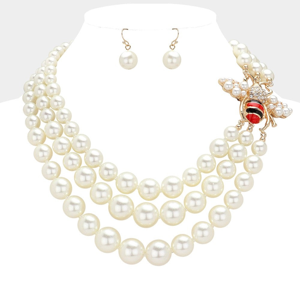 2pc Bee Faux Pearl Triple Strand Statement Necklace Earrings Jewelry Set New