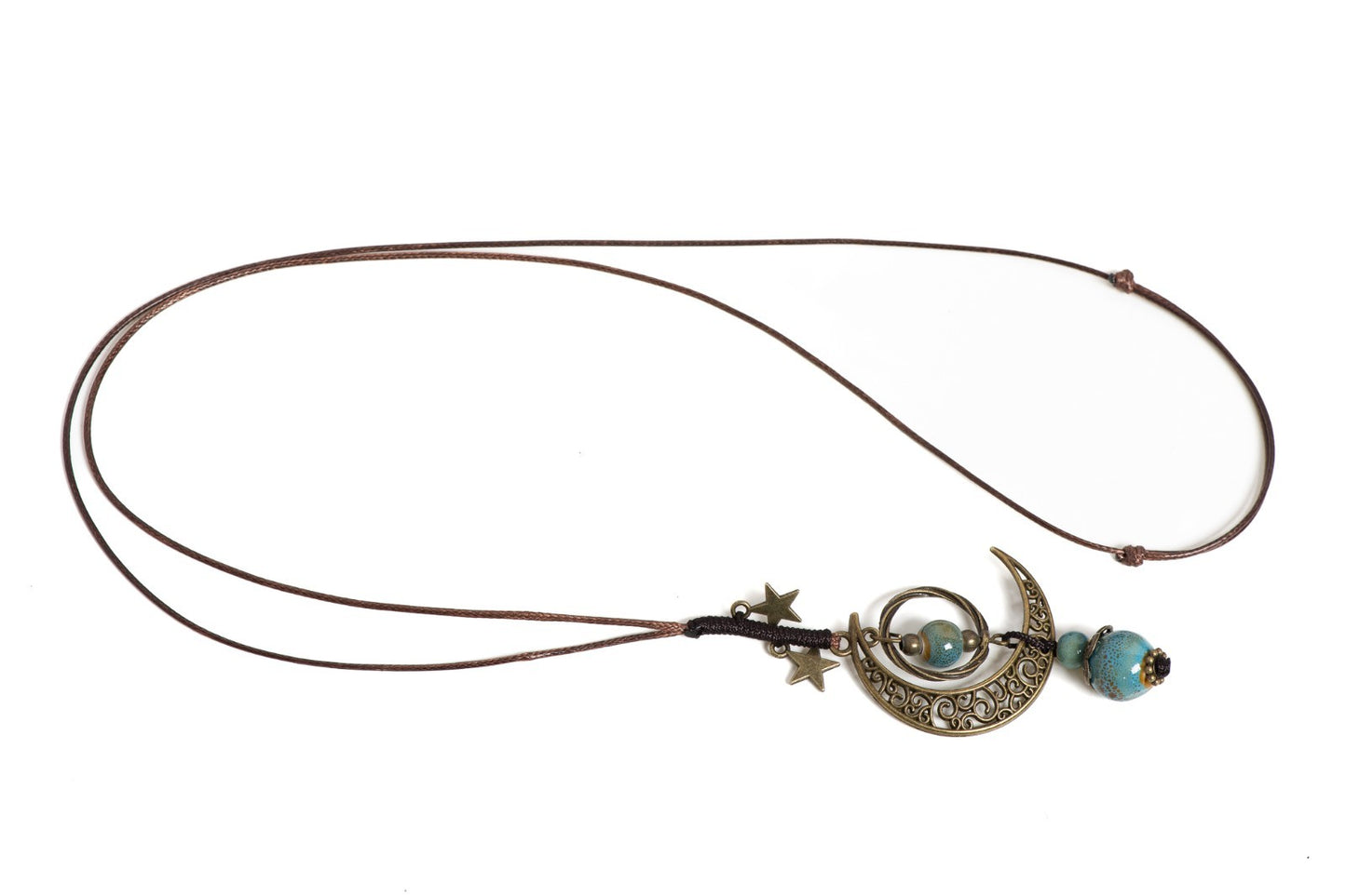 2PC Set: Boho Moon Star Ceramic Bead Long Necklace Adjustable Red & Blue Bronze