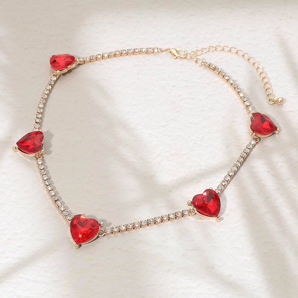 Red Heart Tennis Necklace Gold Tone Rhinestone Crystal Choker Adjustable 14.5"