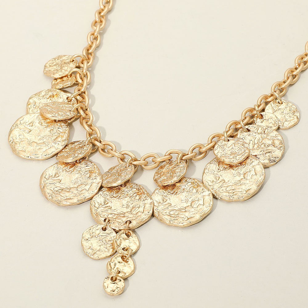Textured Disc Charm Statement Necklace Adjustable Link Chain Women Jewelry