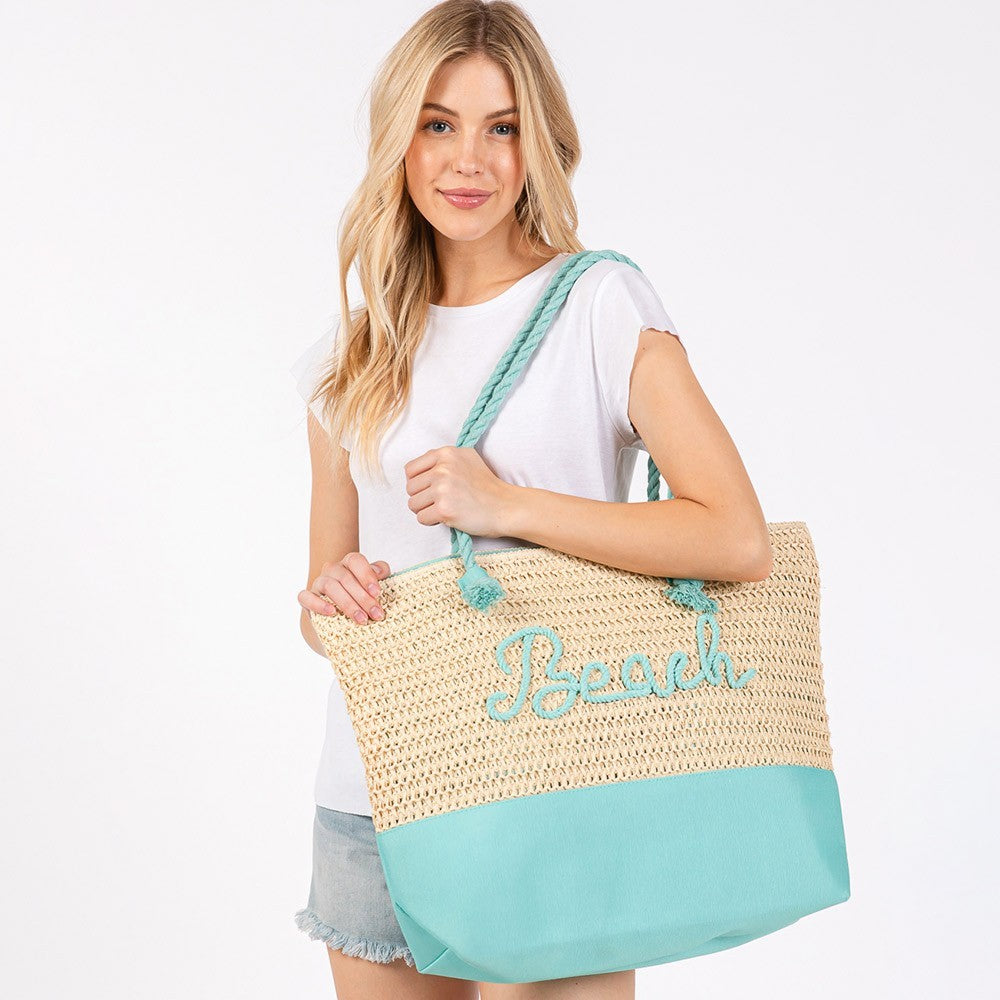 BEACH Embroidered Crochet Tote Bag with Rope Handles Summer Beach Bag Blue