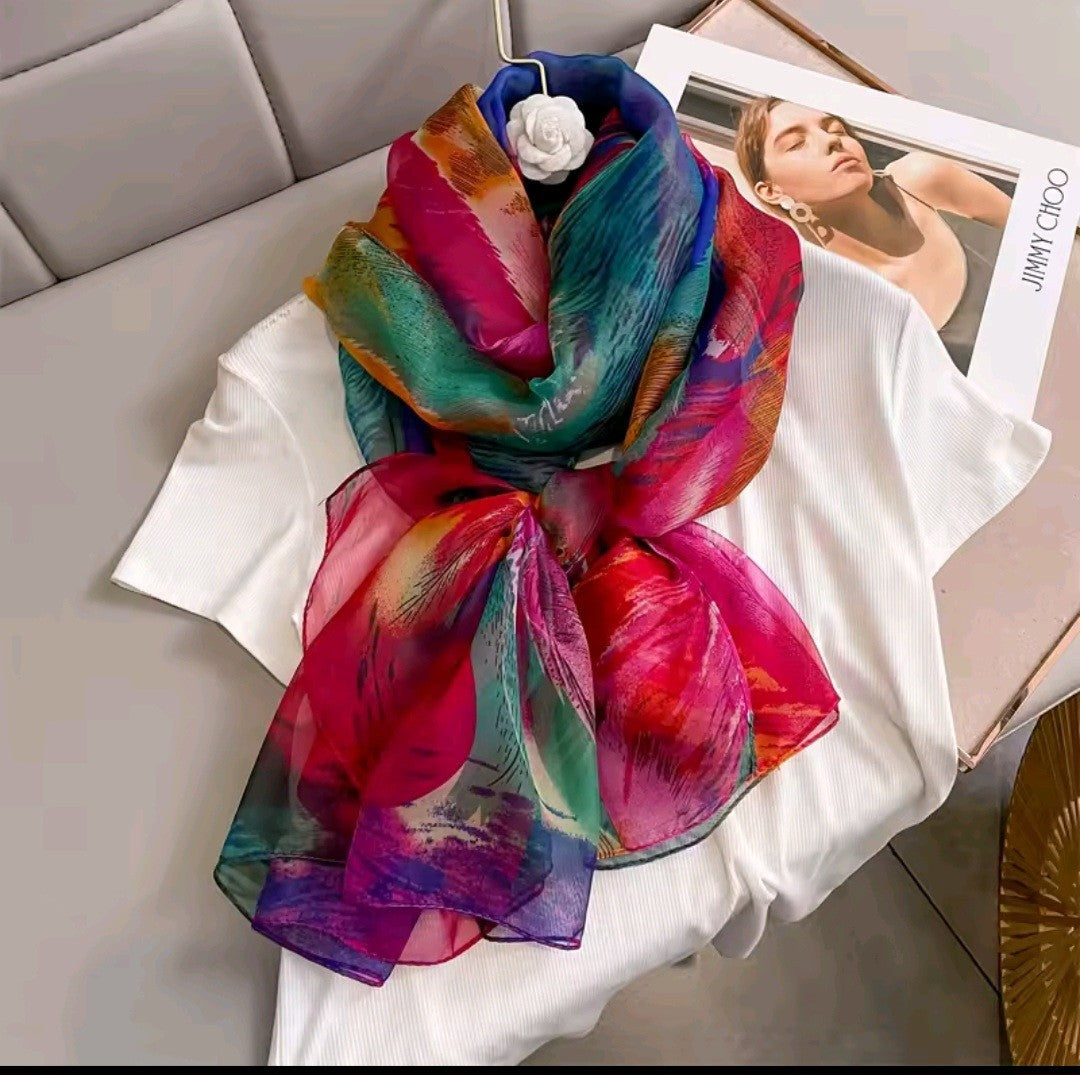 Watercolor Rainbow Sheer Scarf for Women Lightweight Artistic Wrap Shawl Summer