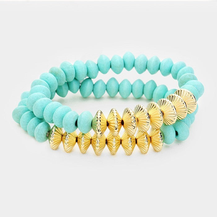 2PCS Wood Bead Bracelets for Women Natural Look Fashion Jewelry Set Gift