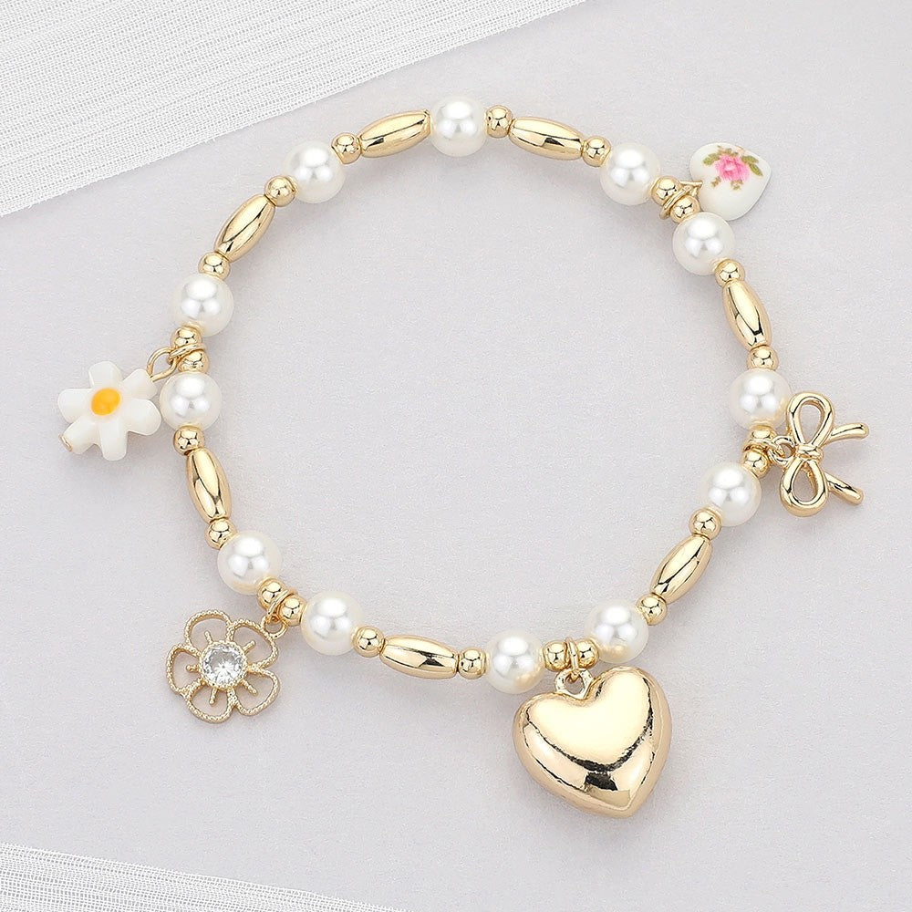 Gold Faux Pearl Beaded Charm Bracelet with Heart and Floral Accents for Women