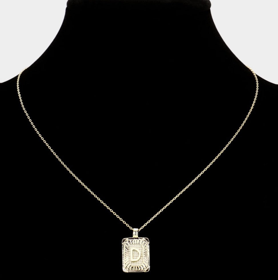 Gold Initial "D" Rectangular Sunburst Pendant Necklace - Brass Fashion Jewelry