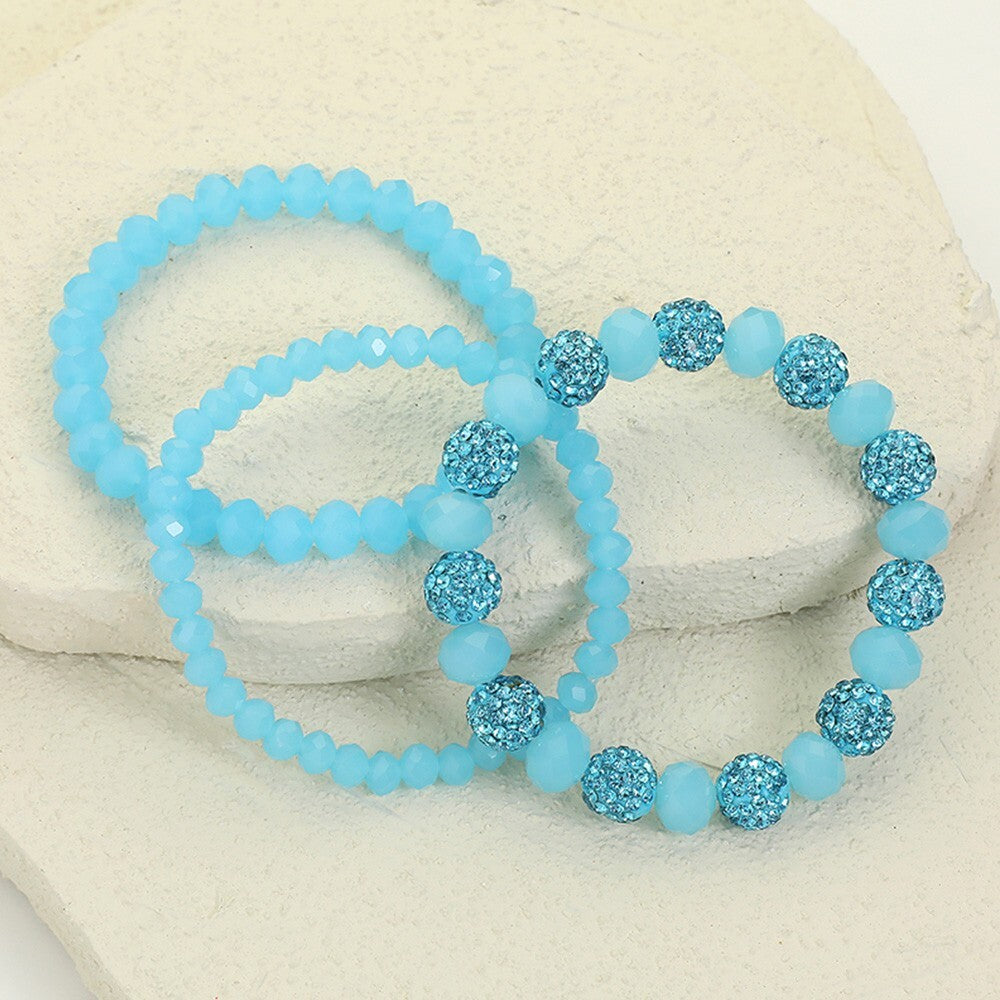 3PCS Shamballa Ball Multi Layered Stretch Beaded Bracelets Set Blue