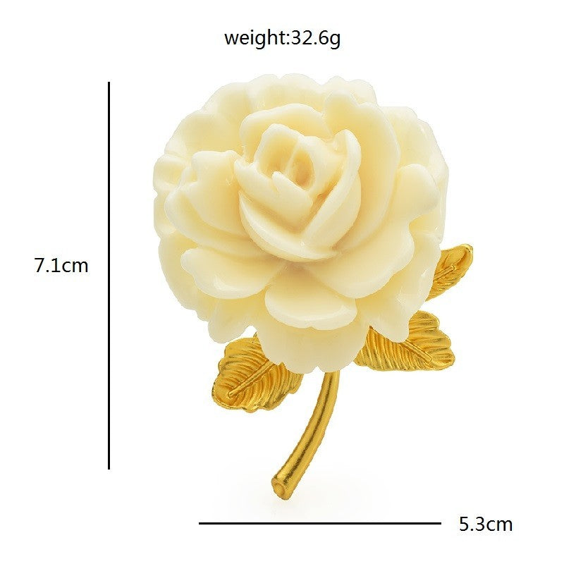 Vintage Style Cream Resin Rose Brooch Gold Tone Flower Pin Romantic Wedding Gift