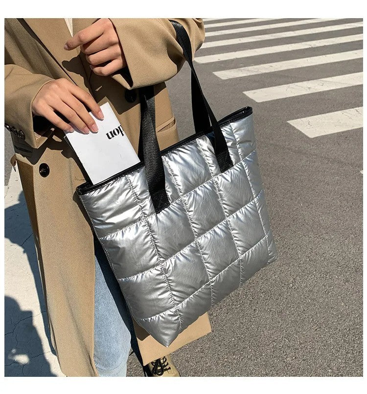 Gray Quilted Puffer Tote Bag Shoulder Handbag Zipper Closure Carryall Purse