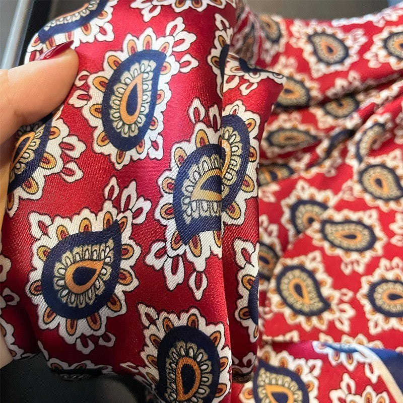 Paisley Satin Square Scarf Red Navy Cream Neckerchief Bandana Headband Wrap