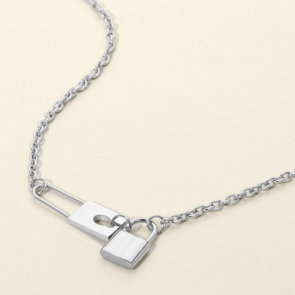 Stainless Steel Lock Pendant Necklace for Women Chunky Chain Link Padlock Choker