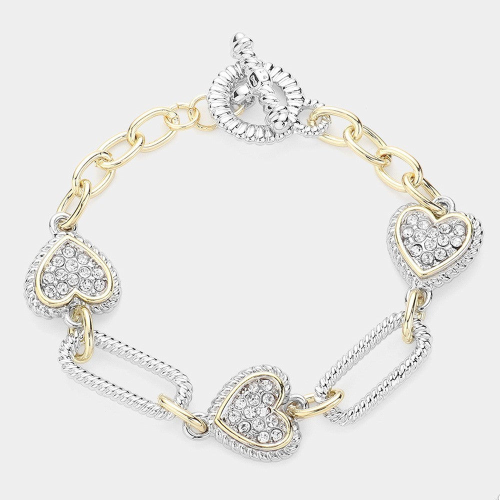 Two-Tone Pave Crystal Heart Link Bracelet Gold Silver Tone Charm Bracelets