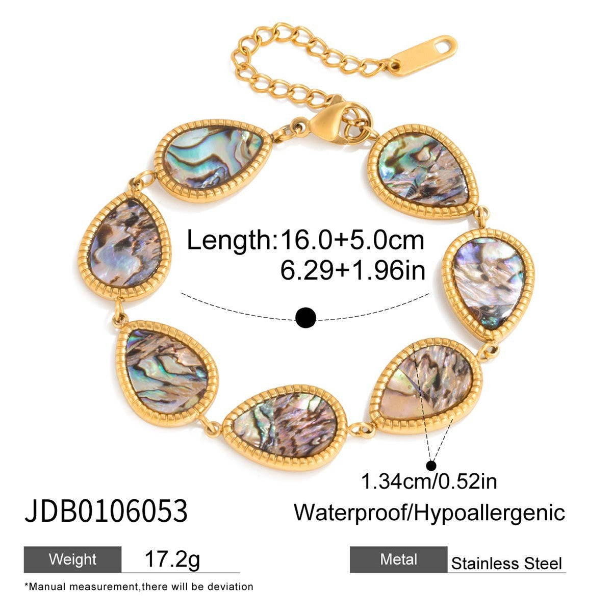 Waterproof Gold Stainless Steel Abalone Shell Teardrop Link Bracelet Womens