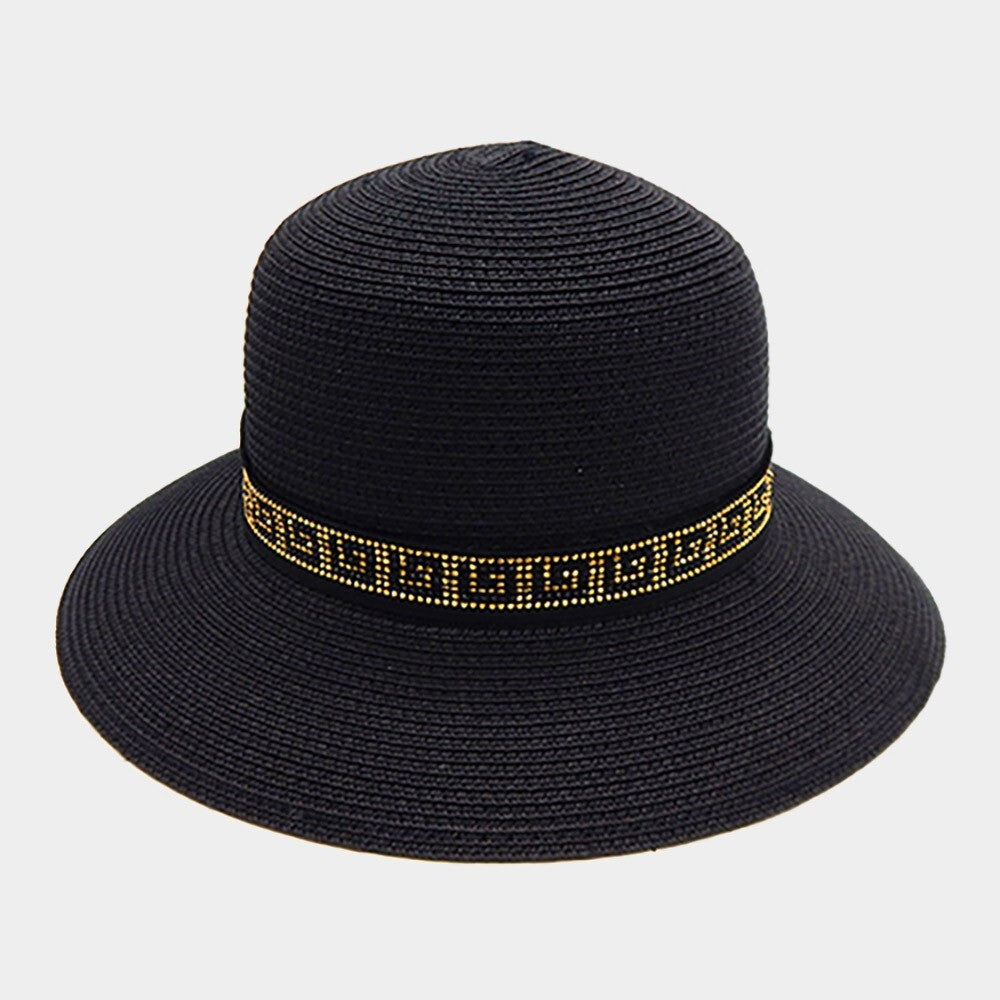 Women's Straw Sun Hat with Greek Key Pattern Wide Brim Summer Beach Hat