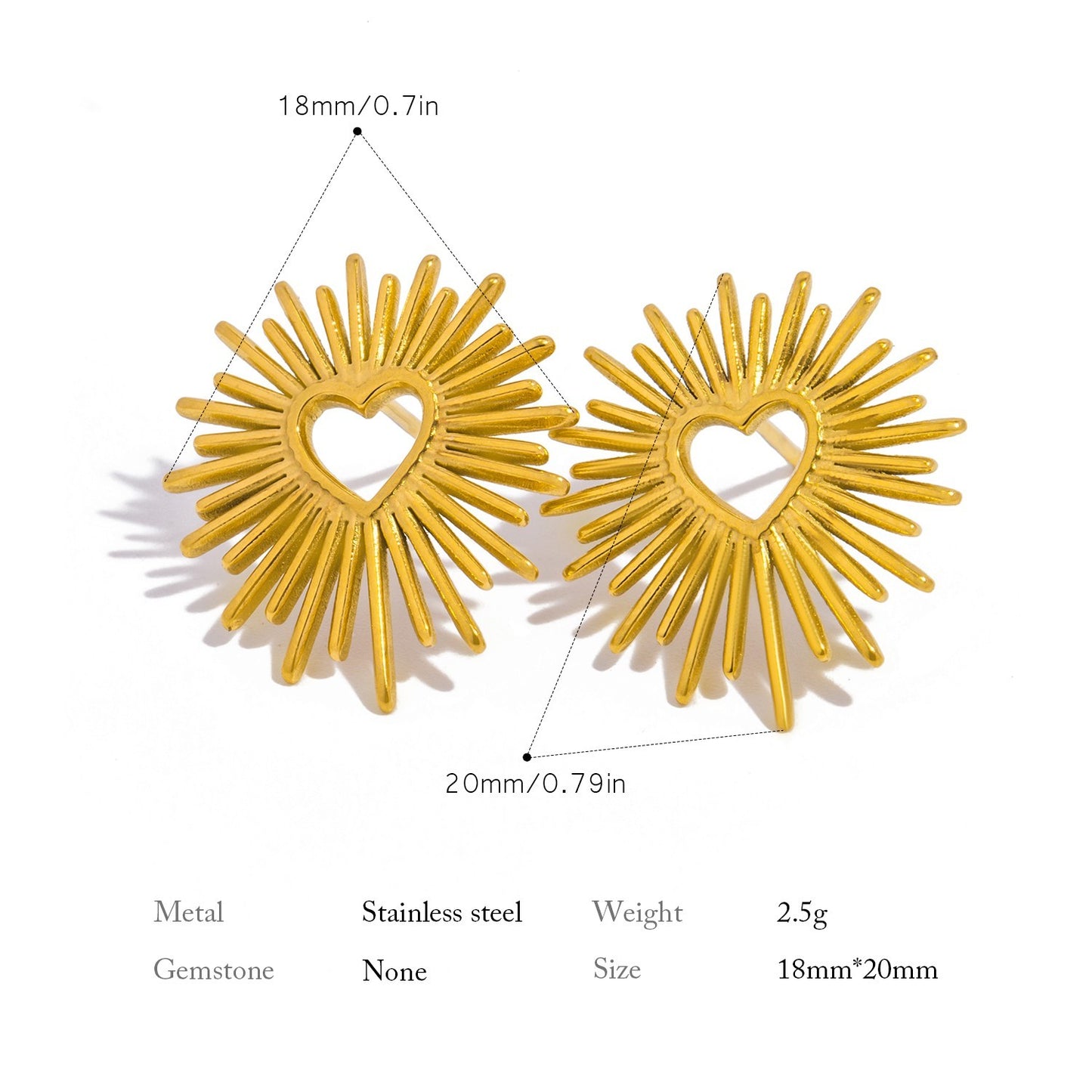 Golden Heart Sunburst Stud Earrings Stainless Steel Plated Hypoallergenic