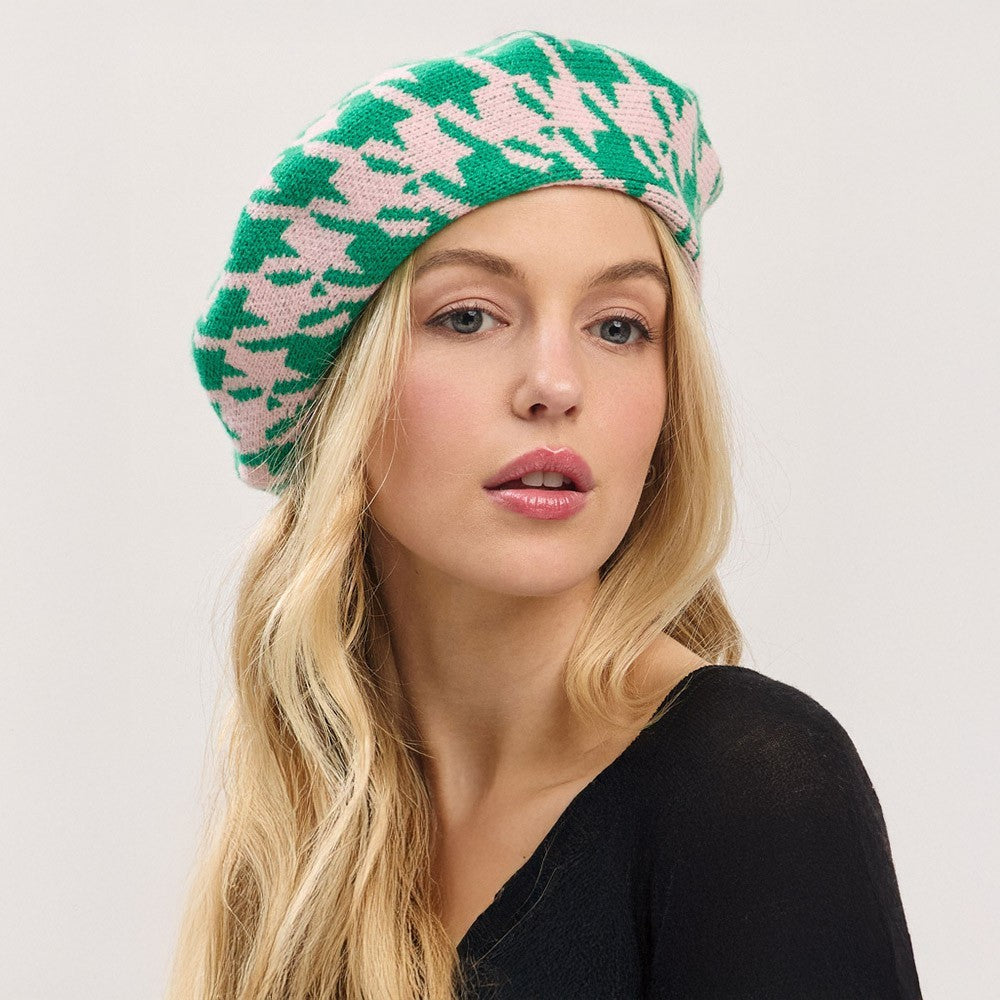 Classic Houndstooth Knit Beret Hat Women’s Winter Warm Stylish One Size