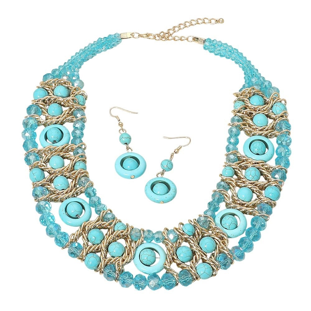 2pc Bold Turquoise Faux Stone Beaded Statement Bib Necklace and Earring Set
