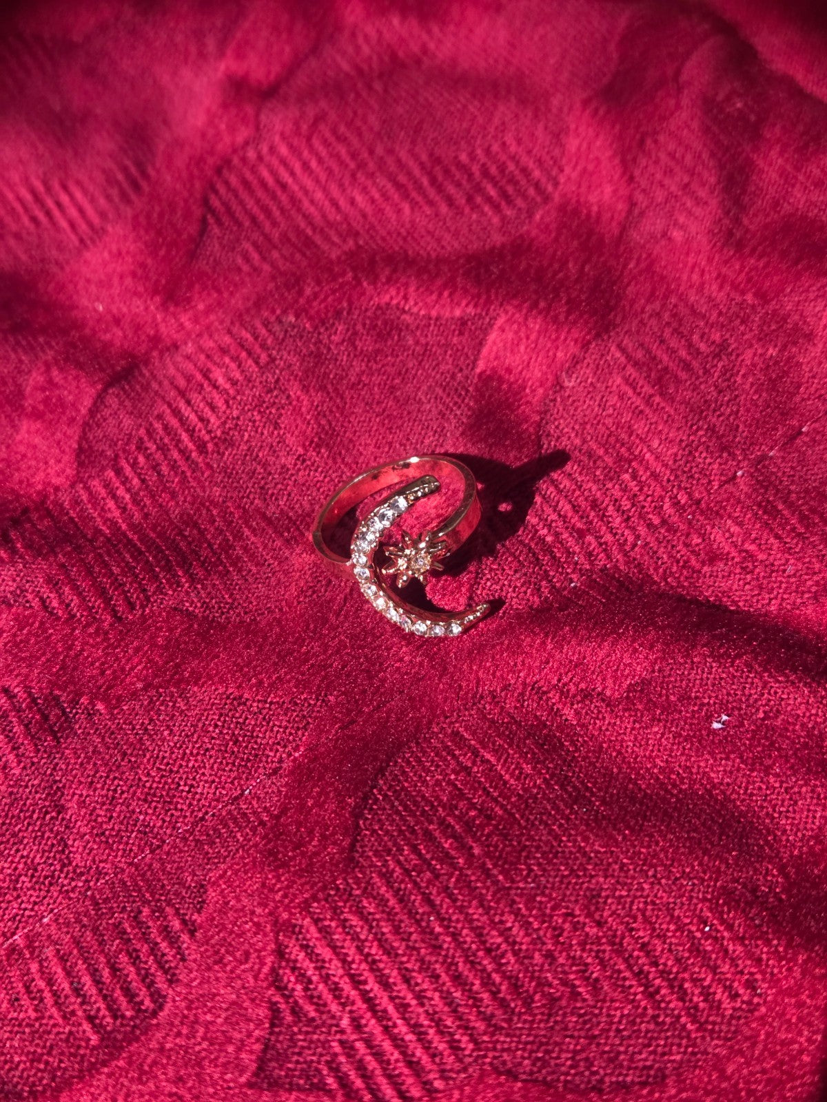 Celestial Crescent Moon Star Wrap Ring Gold Tone CZ Adjustable NEW