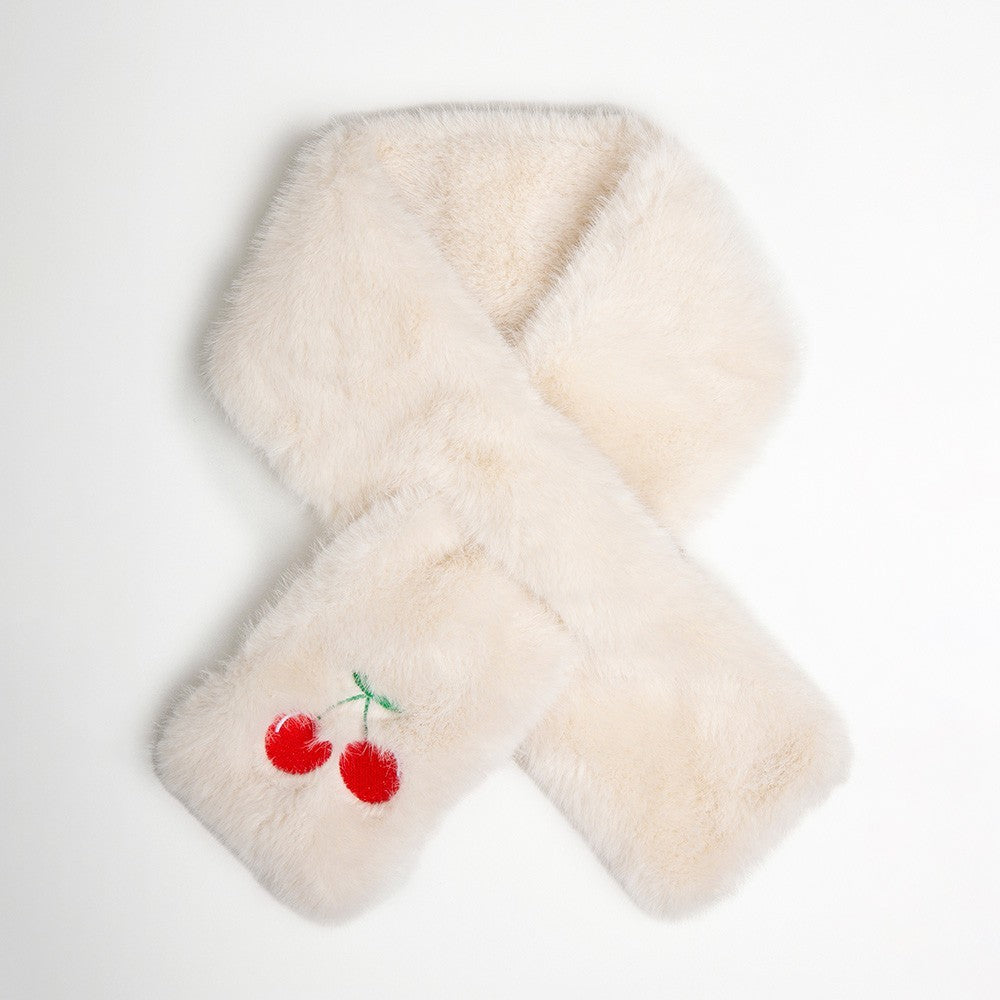 Faux Fur Cherry Scarf Ivory Embroidered Winter Neck Warmer Pull Through Muff