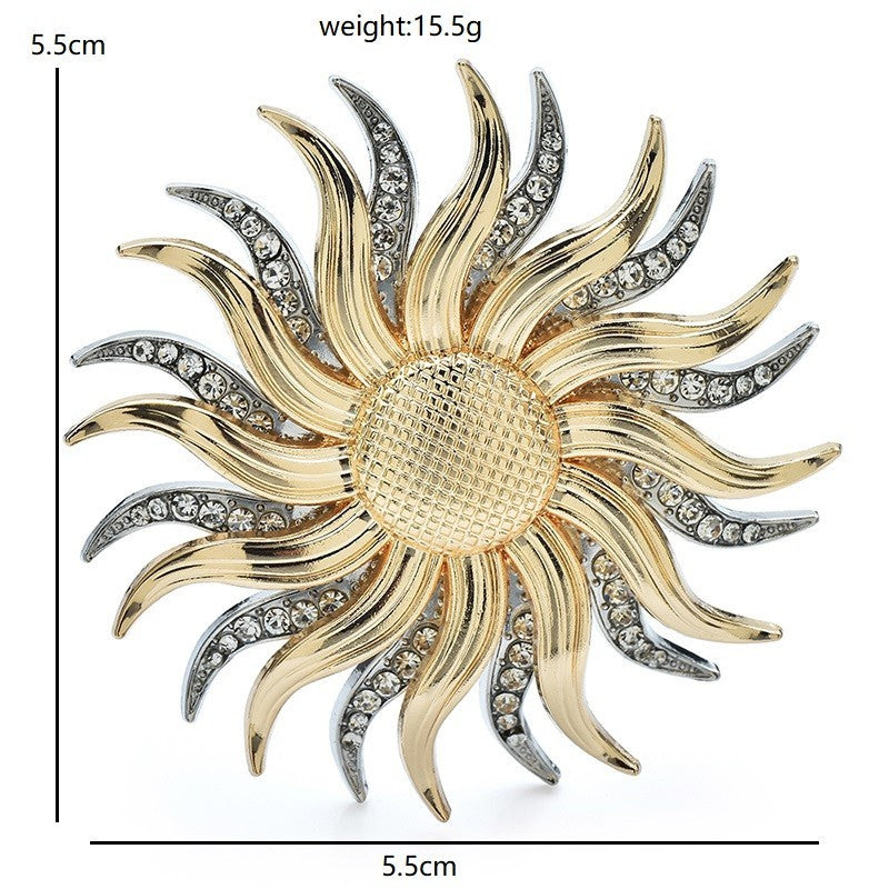Sparkling Gold & Silver Sun Pin Brooch Rhinestone Flower Gift