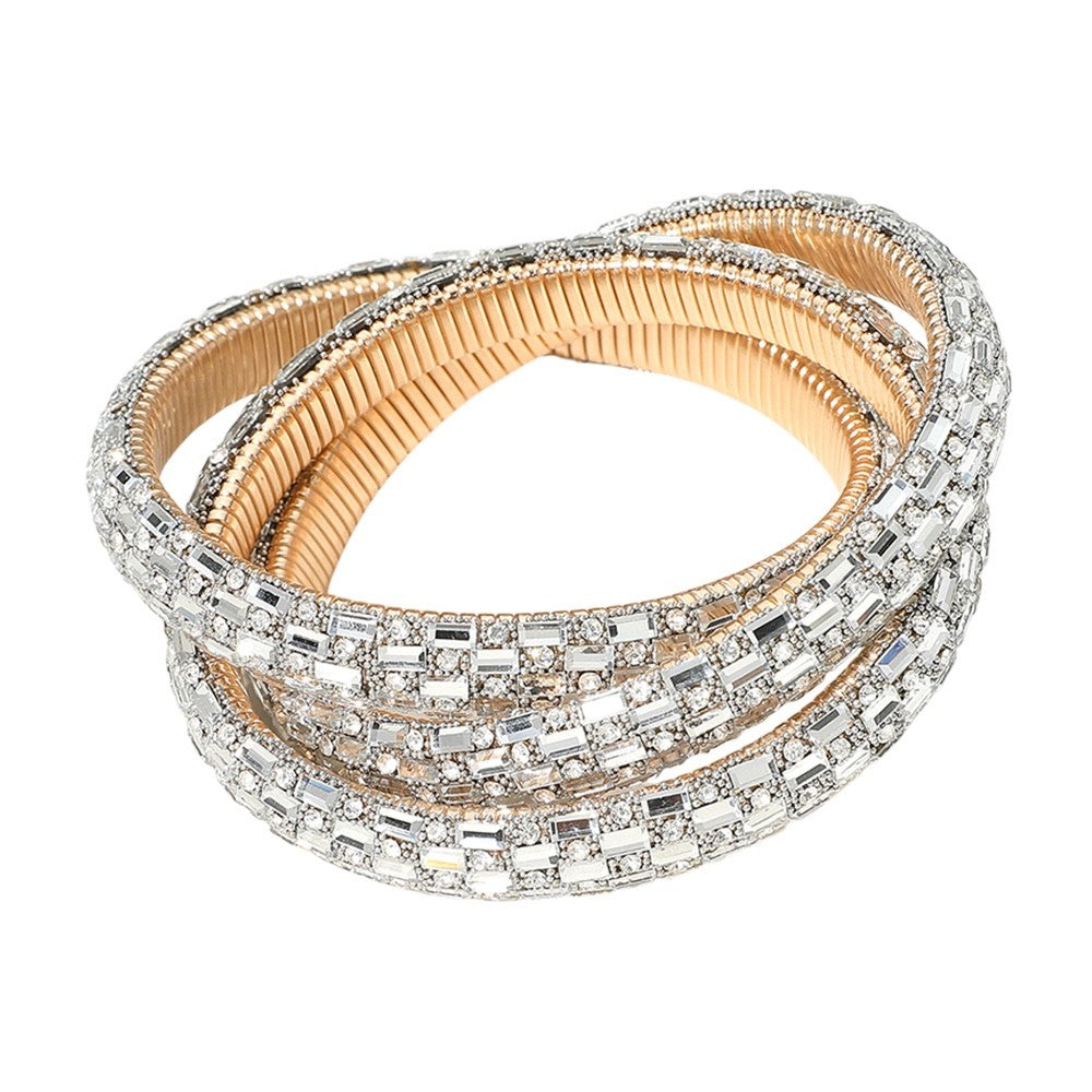 Silver Rhinestone Baguette Crystal Stackable Coil Wrap Bracelet 1.5" H 2.4" D