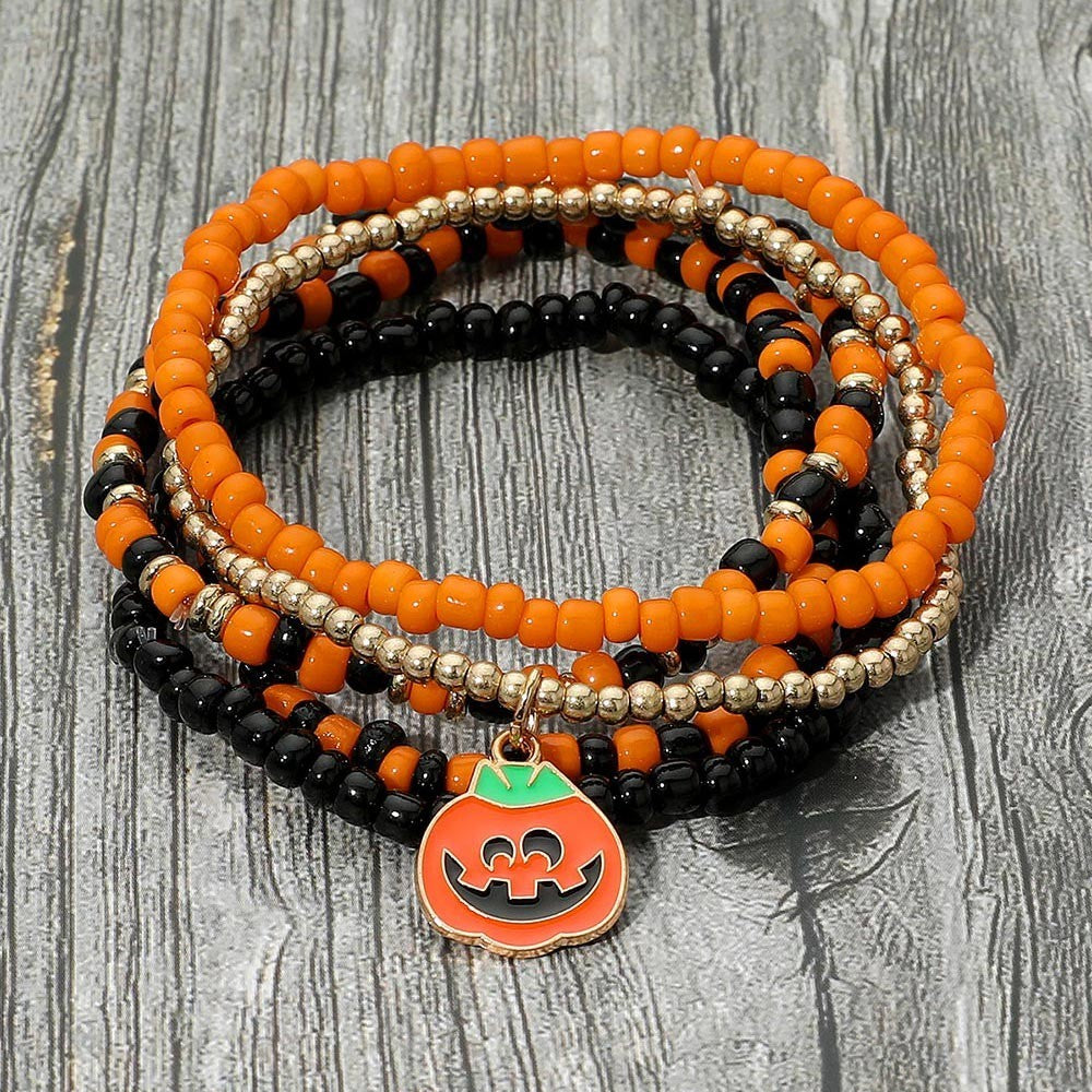 Halloween Pumpkin Charm Beaded Stretch Multi Layer Bracelet Set – 5 Piece