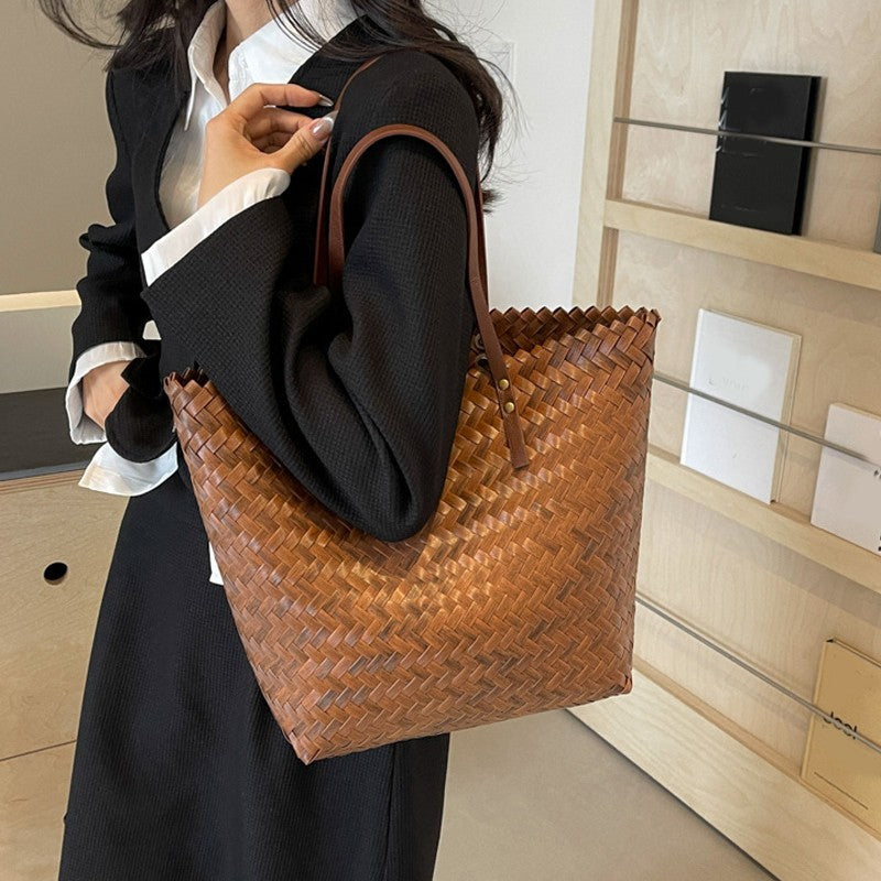 Handwoven Basket Weave Rattan Straw Tote Bag Large Capacity Brown Bags