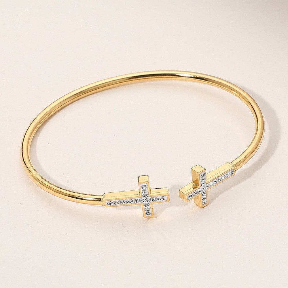 Holiday Gift Set! Gold & Silver Crystal Cross Cuff Bangle Bracelet Stack Duo