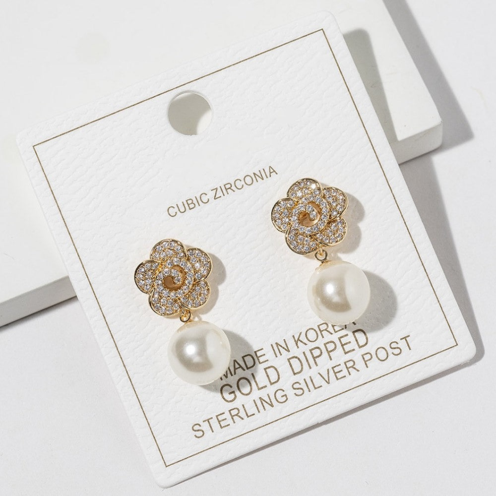 Sparkling Cubic Zirconia Flower & Faux Pearl Drop Gold Earrings