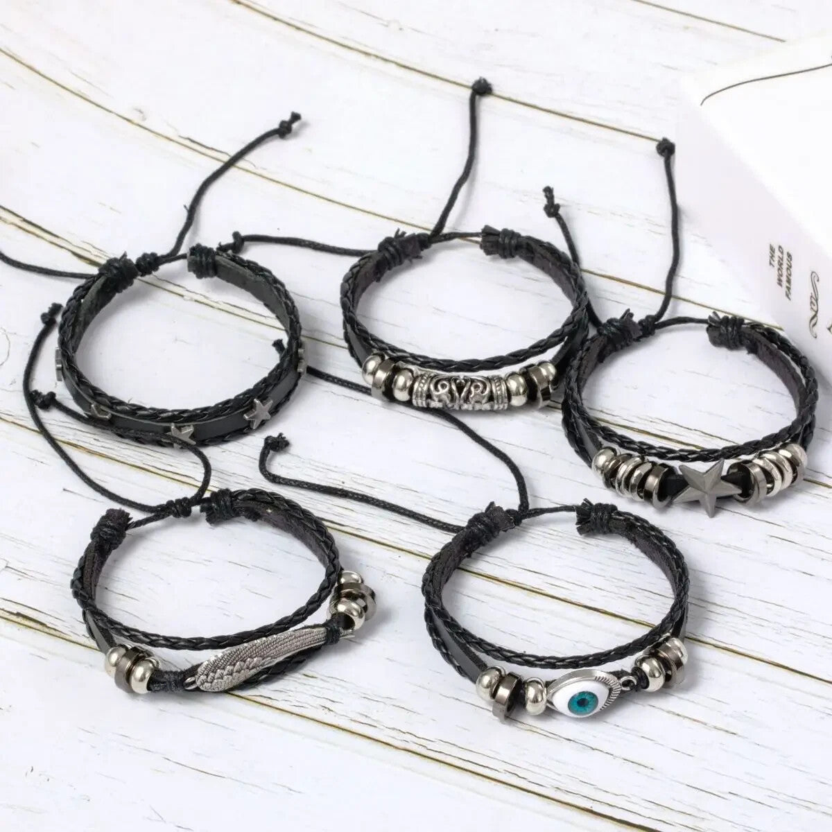 Spiritual Protection Evil Eye Bracelet Set 5pcs Stackable Faux Leather Bracelets