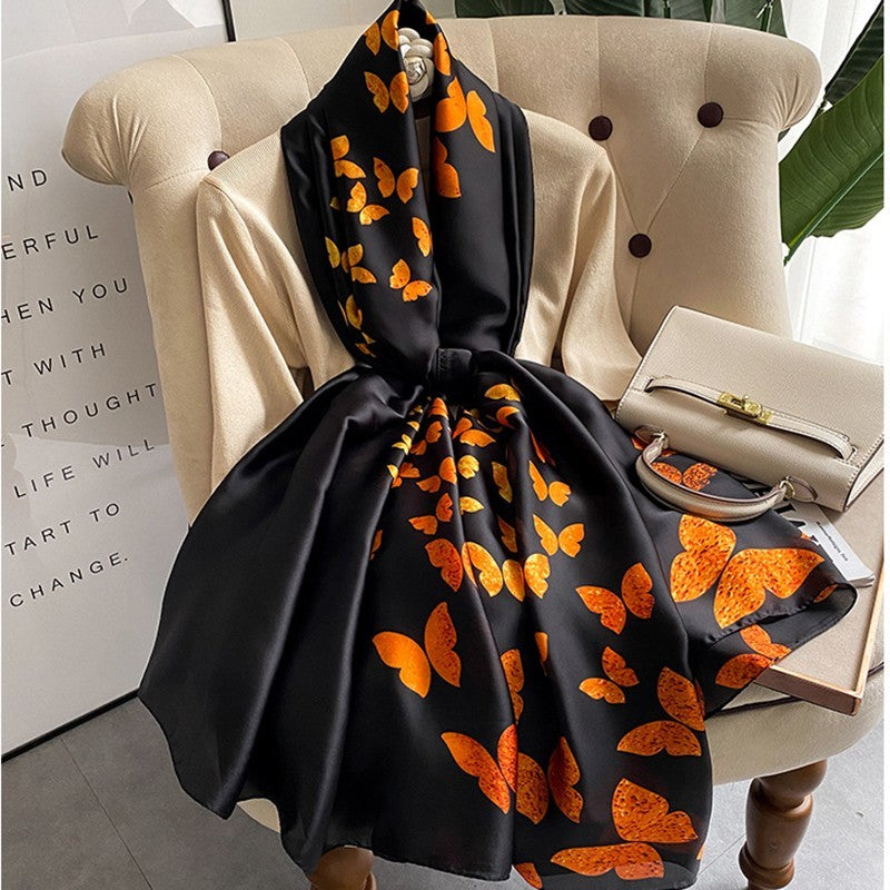 Black Orange Butterfly Satin Silk Feel Scarf Wrap Shawl Luxury Elegant Gift