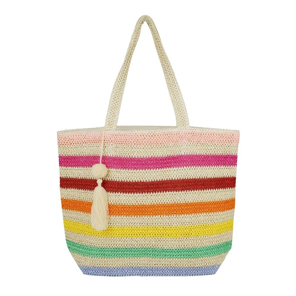 Large Rainbow Striped Straw Tote Bag with Tassel Accent - Summer Beach Shoulder