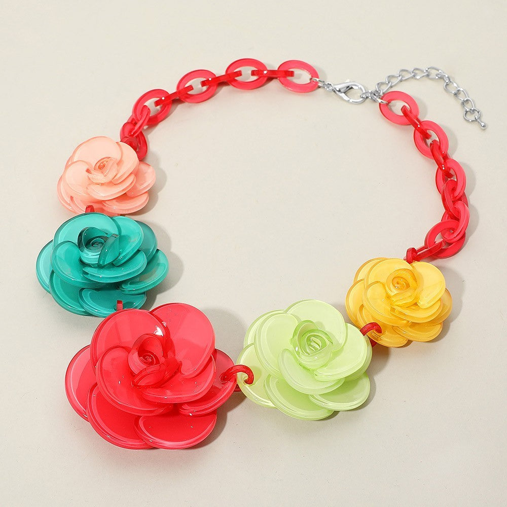 Bold Multicolor Resin Floral Statement Necklace with Chunky Rose Links for Women
